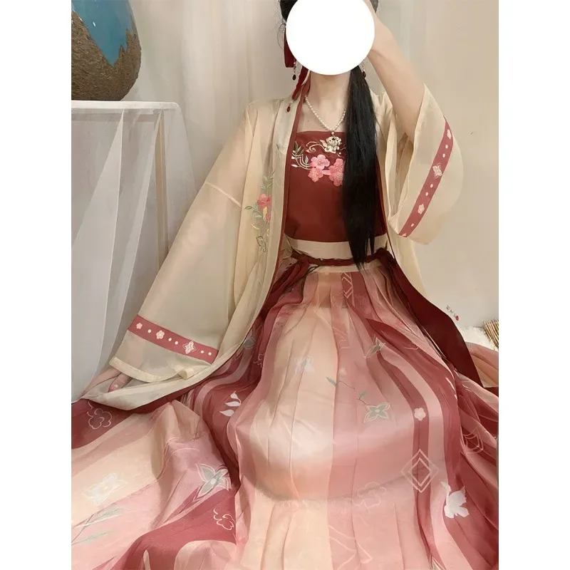 Vestido Hanfu bordado con flores Lingxiao rojo de la dinastía Song, traje, falda con tirantes, disfraz de juego de rol de mascarada de estilo chino para mujer