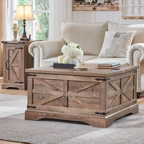 Farmhouse Coffee Table, Square Wood Center Table with Large Hidden Storage Compartment for Living Room, Rustic Cocktail Table wi