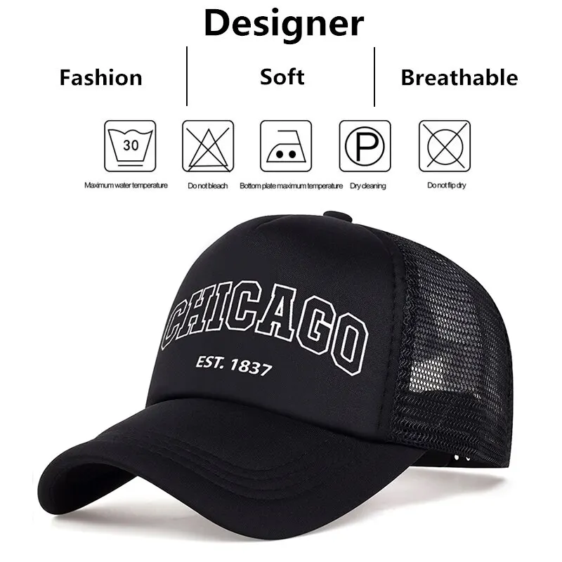 Letnia męska siatkowa czapka z daszkiem Outdoor Sport Chicago Letter Snapback Hat Dla kobiet Unisex Oddychające czapki Hip Hop Trucker Hats