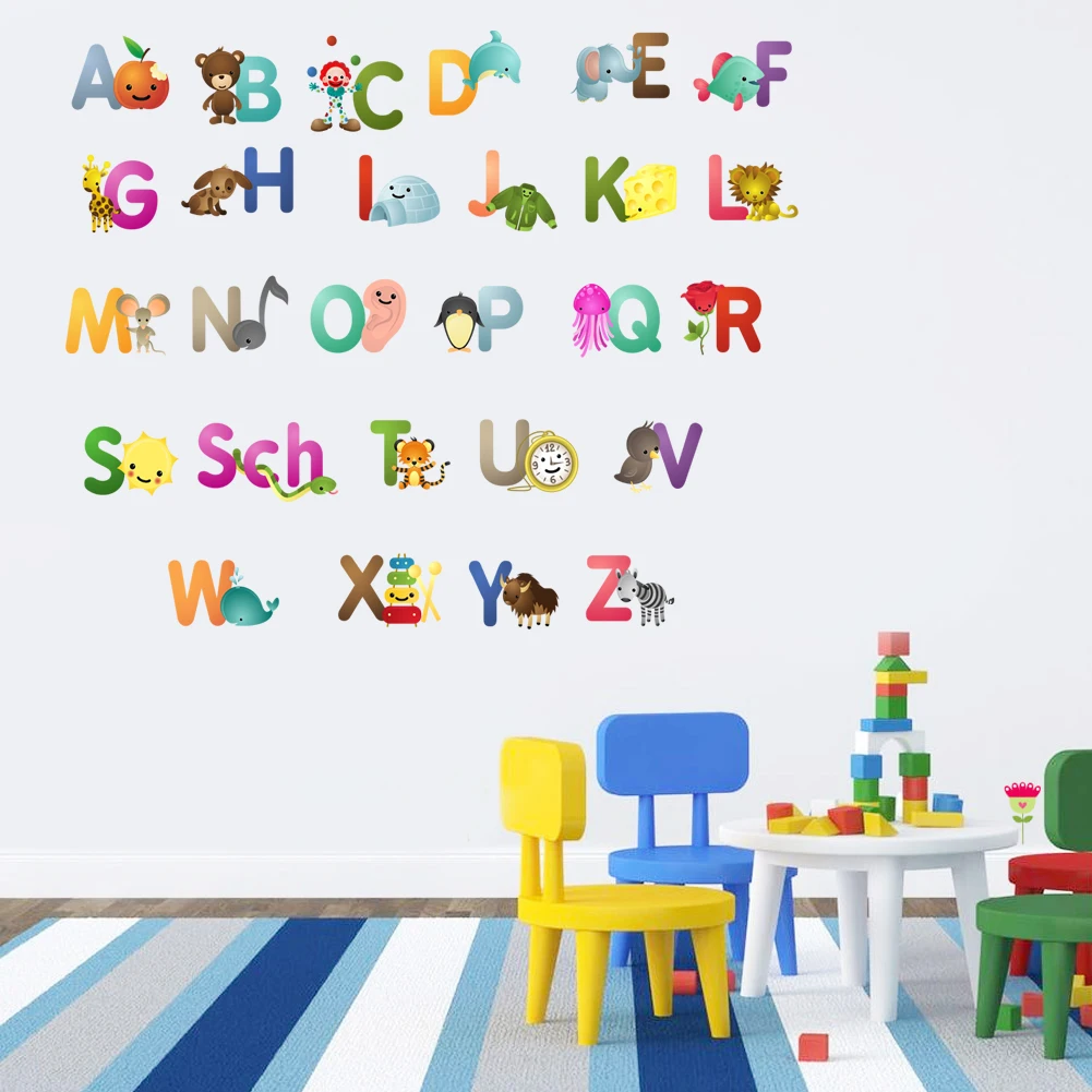 Cartoon creative 26 English alphabet English word animal wall stickers children\'s room kindergarten early education decoration