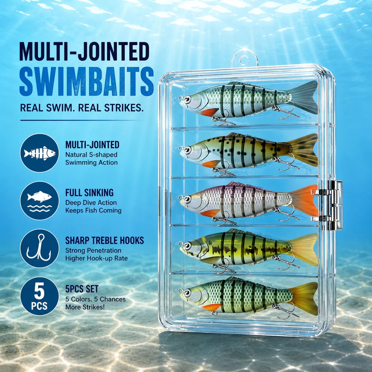 Fishing Lures 5 Pcs Full Sinking Multi Jointed Swimbaits S Shaped Swim Sharp Triangle Hooks Hard Bait Storage Box for Bass