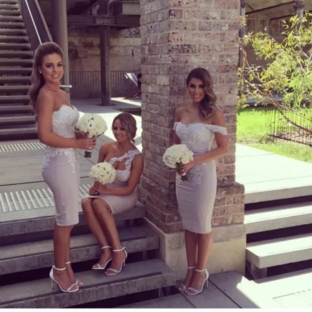 

Elegant Knee Length Bodycon Bridesmaid Dresses Lace Applique Strapless Backless Bridesmaid Dresses Custom Formal Dress