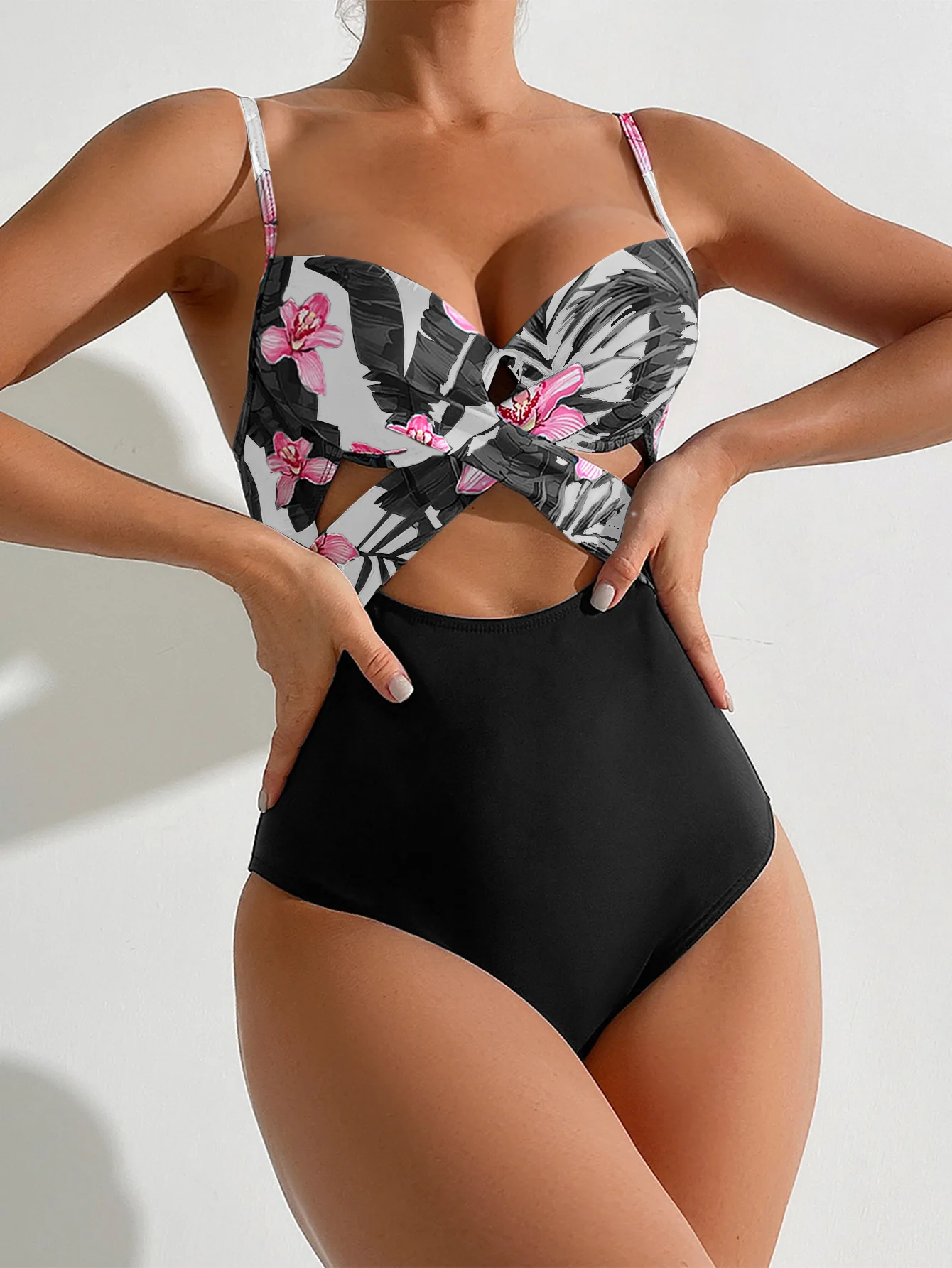 

Cross Front One Piece Swimsuit High Waist Monokini with Push Up & Cut Out Sexy Slimming Swimsuit 2026 Floral Corset Bodysuit New