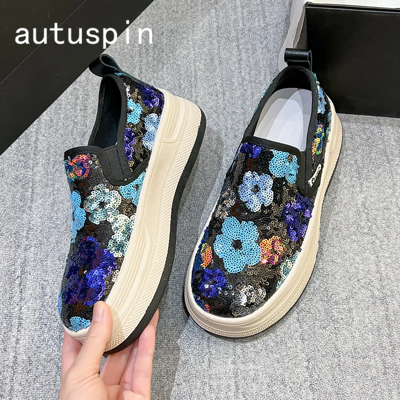 

AUTUSPIN 5cm Heels Platform Women Loafers Fashion Casual Ladies Chunky Pumps Woman Summer Bling Sequins Female Shoes Size 34-40