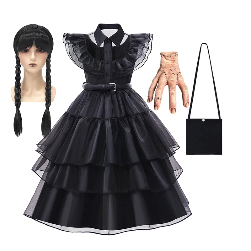 Movie Wednesday Costume for Girls 3-12 T Gothic Styles Wednesday Cosplay Costume for Kids Halloween Carnival Party Black Dresses