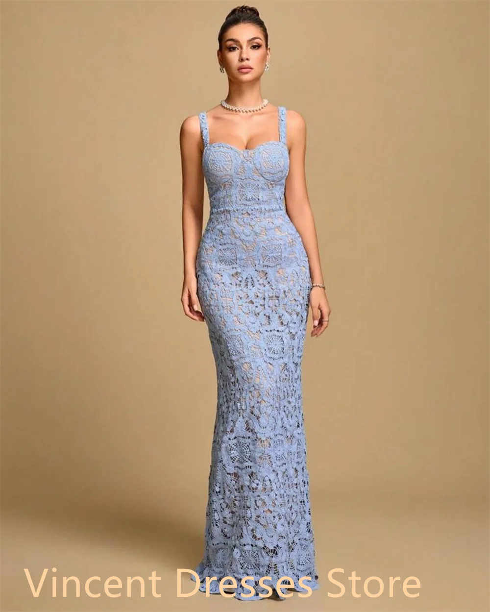 فستان جيرسي أزرق مخصص عالي الجودة لحفلات العودة للوطن رائع بدون حمالات أشرطة سباغيتي حورية البحر بسحاب خلفي رداء السهرة