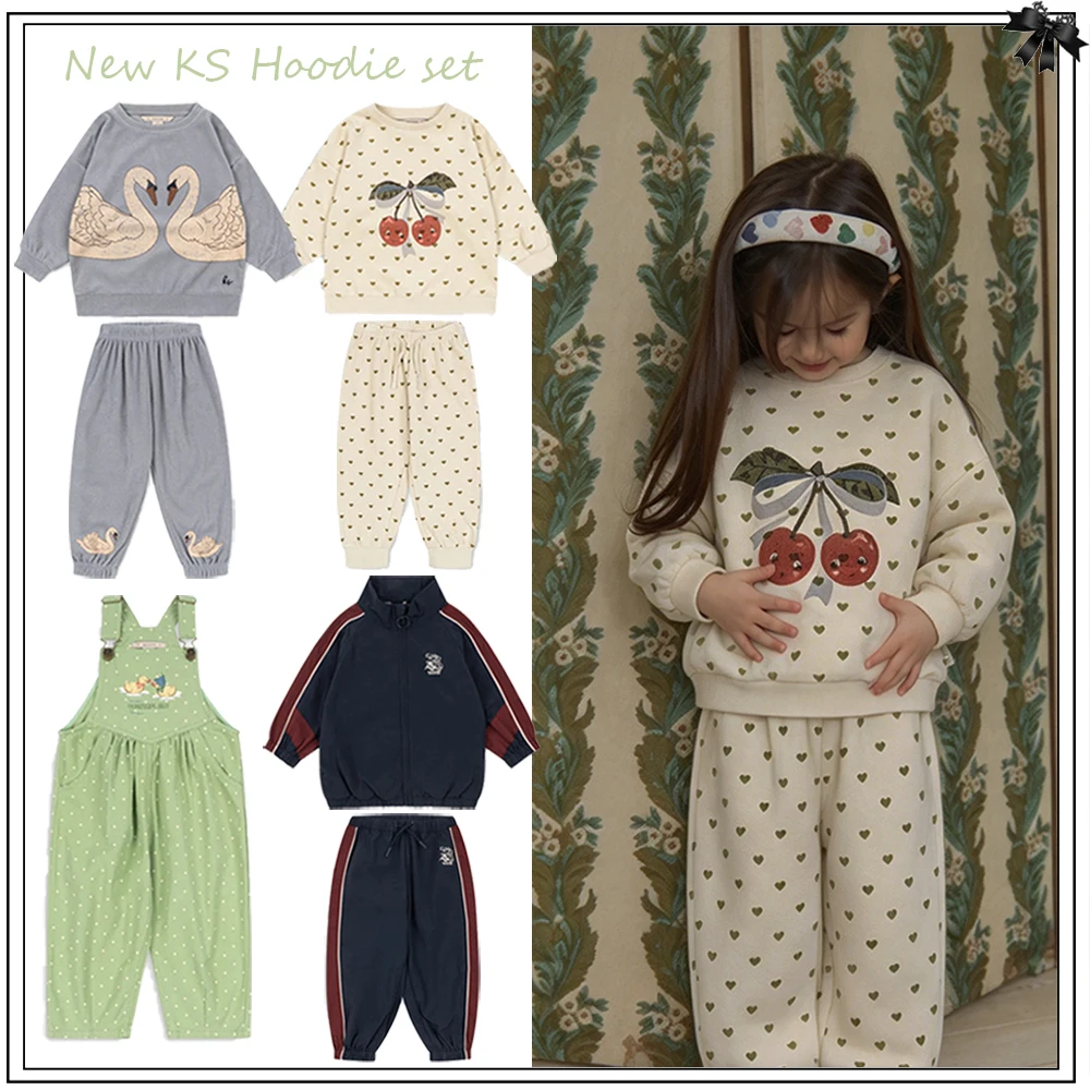 2026 KS Winter Children's Set New Hoodie Top Cherry Pattern Pants Set Boys' Windbreaker Coat Children's Outdoor Leisure Pant Set
