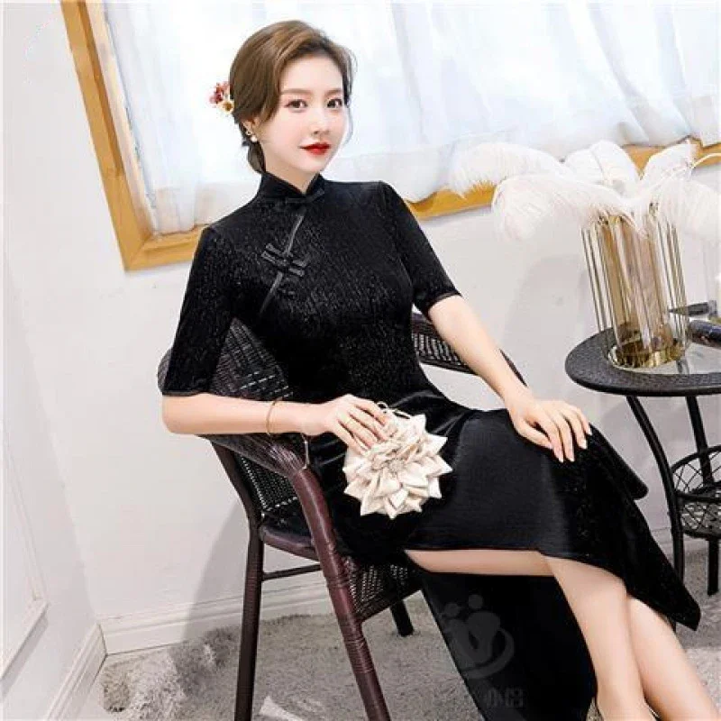 فستان زفاف على الطراز الصيني للنساء ، أحادي اللون ، ضيق ، مثير تشيباو فساتين طويلة منقسمة ، أزياء أنيقة ، ملابس متوسطة الأكمام