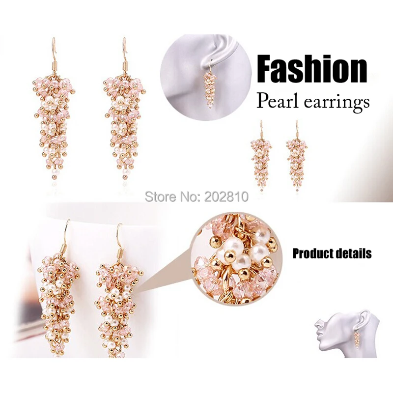 tiki по 1 грн все Girls Long Dangle Drop Cерьги женские Pink Crystal White Pearl Earrings For Women Wedding Fine Quality