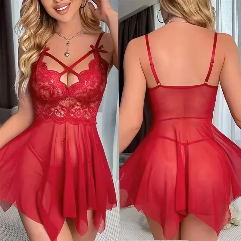 

Hot Women's Mini Short Section Exposed Hip Night Dress Lace See-through Plus Size Lingerie With G-string Sexy Wedding Sleepwear