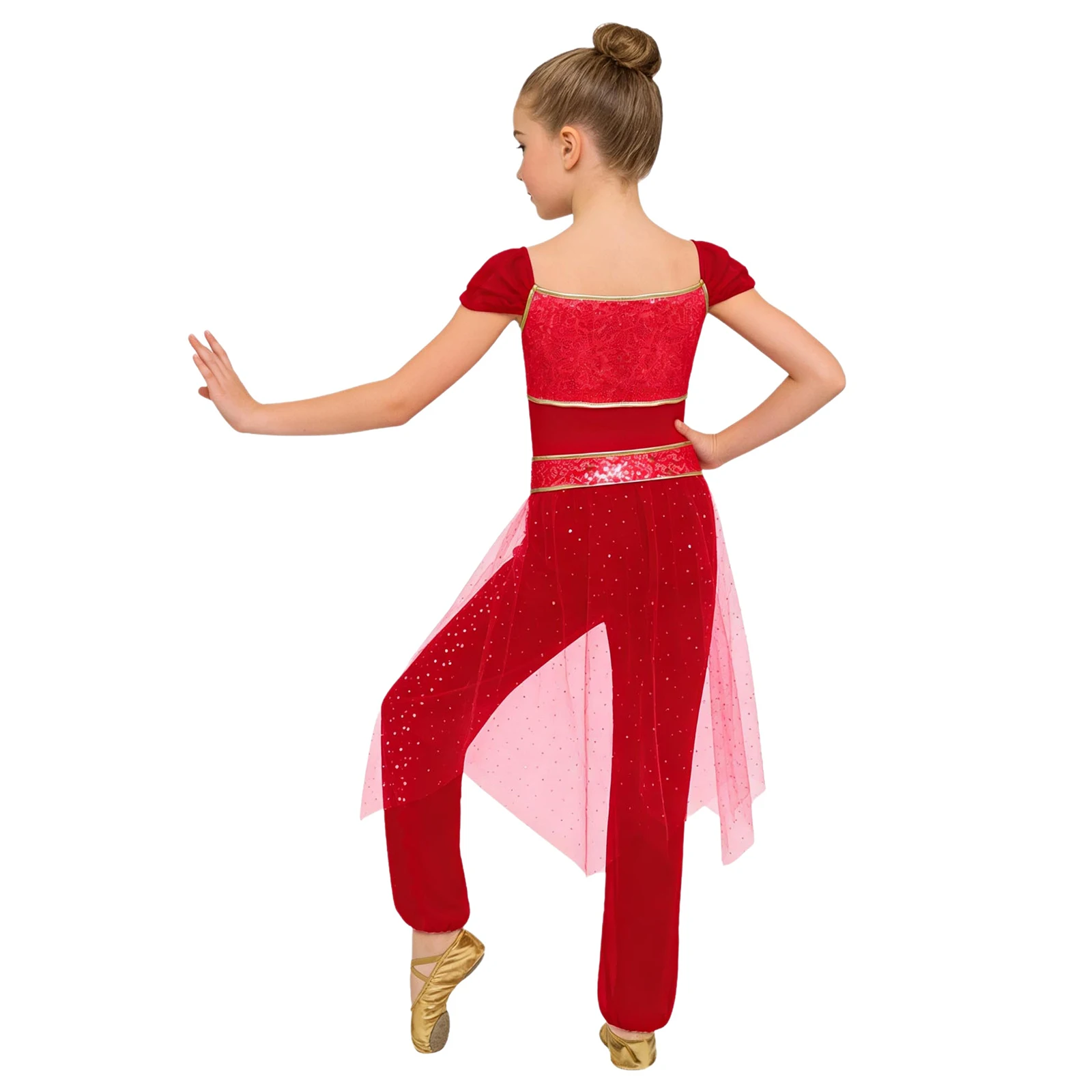 Girls Arabian Princess Belly Dance Rompers Contrast Color Rhinestone Decor Sequined Tulle Overlay Jumpsuit Halloween Cosplay