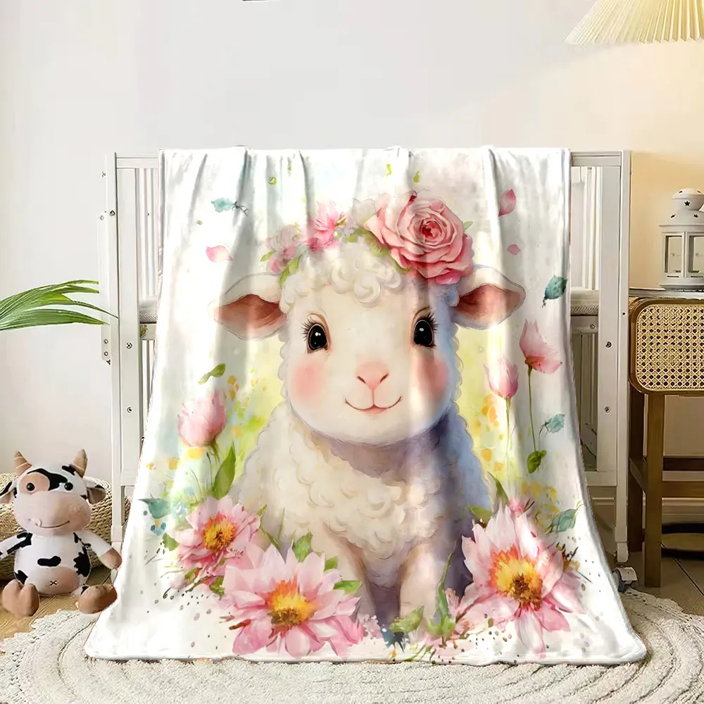 

Cute Animals Surrounding Flowers in Watercolor Style Blanket, All-Season Multi-Use for Nap Camping Travel Car Sofa Luxury Gifts