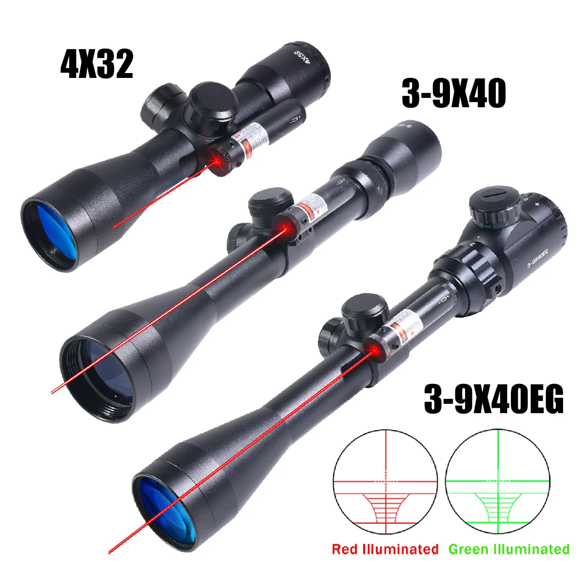 Tactical 4X32 3-9x40 with Red Laser Optical Sight Adjustable Reflex Scope Outdoor Hunting Riflescope Airsoft Accessories