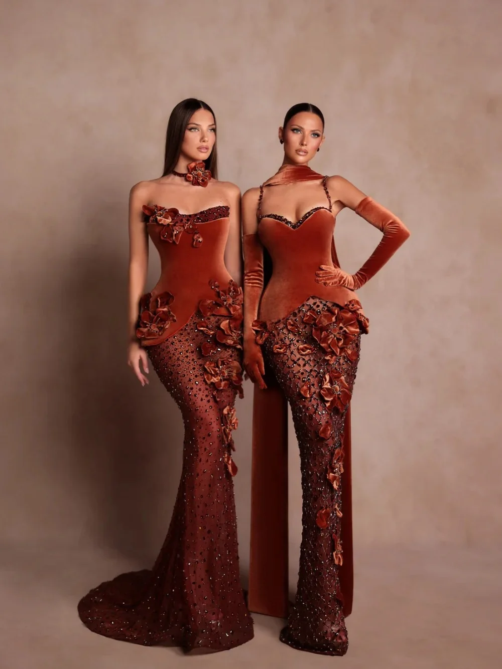 GraceProm Luxurious Rust Evening Dress 2026 Trendy Velvet-Floral Carpet Gown Fashion A-Line Floor-Length Party Gown فساتين سهرة