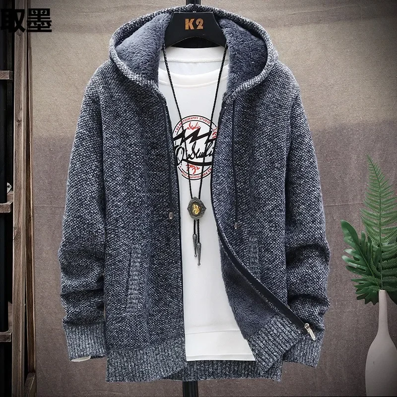 Autumn Winter Fleece-Lined Thickened Men's Jacket New Style Sweater Korean Version Slims Smooths Your Silhouette Trendy Knit Top