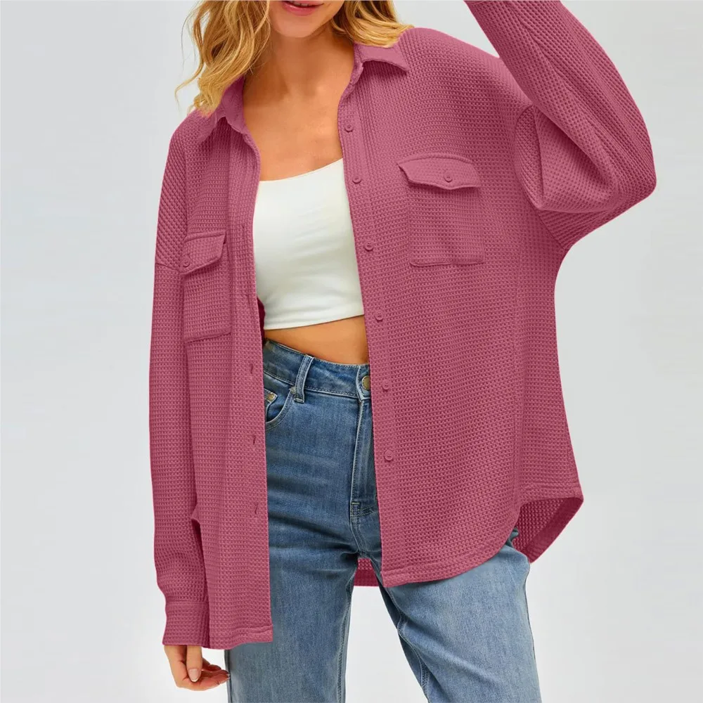 

Women's Street Solid Color Lapel Shirt Jacket 2024 Ladies Pocket Shirt Solid Color Casual Loose Long Sleeved Waffle Blouse Top