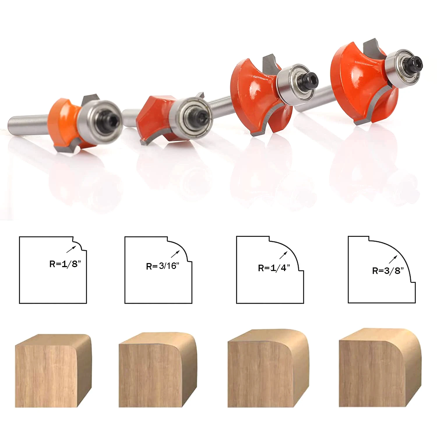 Roundover Router Bits,4pcs  Edge Forming Router Bit Set,Corner Rounding Router Bits 1/4” shank, Radius - 1/8