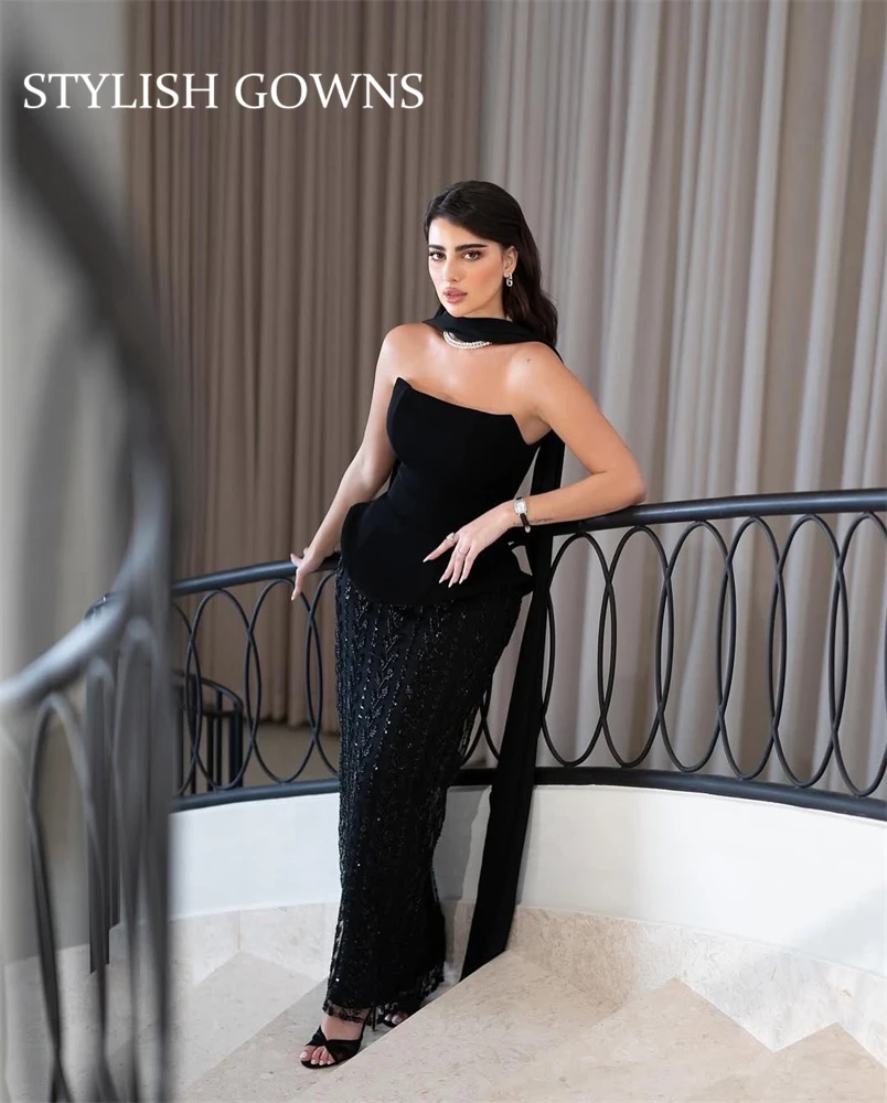 

Customized High Quality Sleeveless Black Beaded Ankle-length Zipper Strapless Robe De Soirée Femme Prom Dresses 2025 فستان ورد