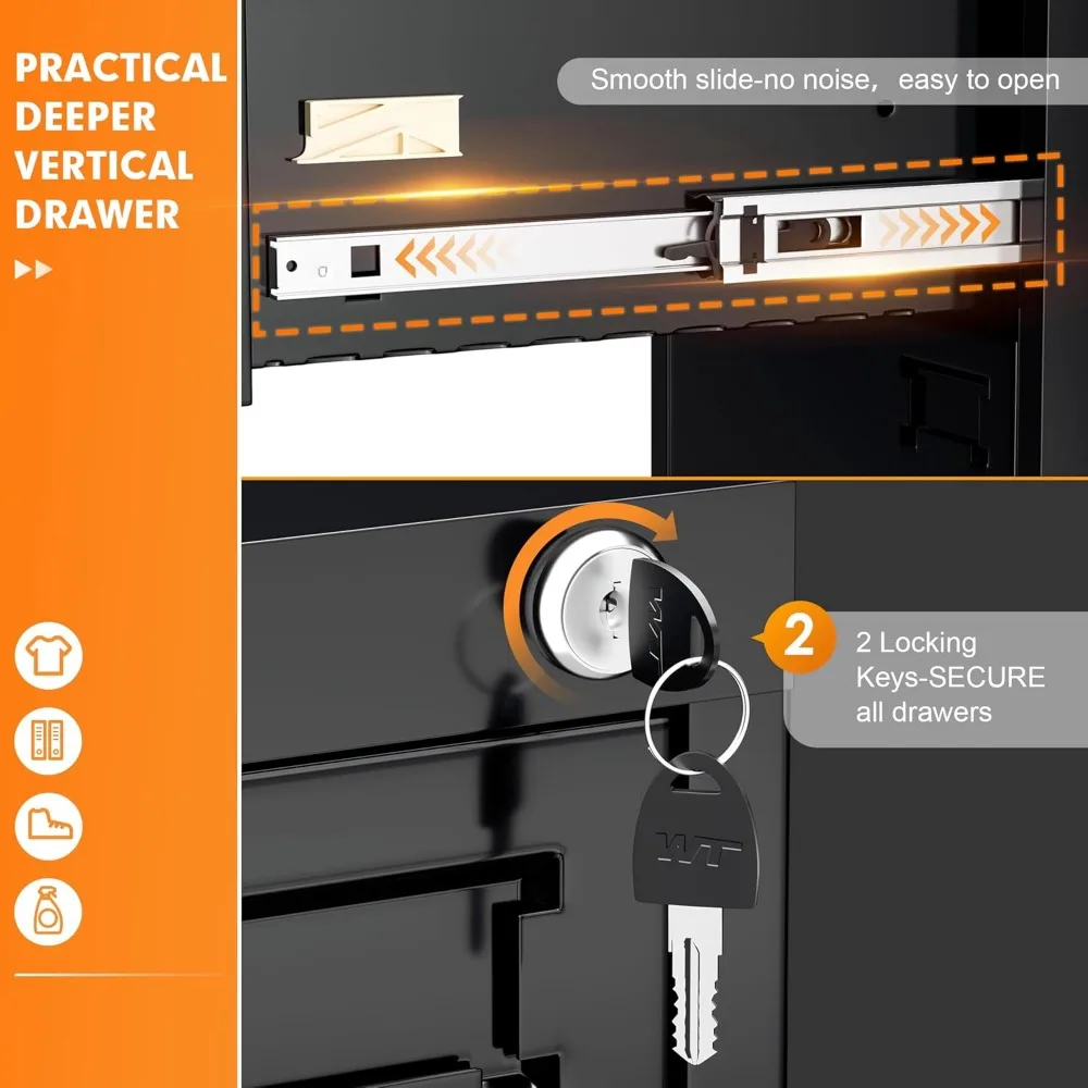 Archivador vertical de metal negro con 4 cajones bloqueables, colgante ajustable, gabinete de almacenamiento alto