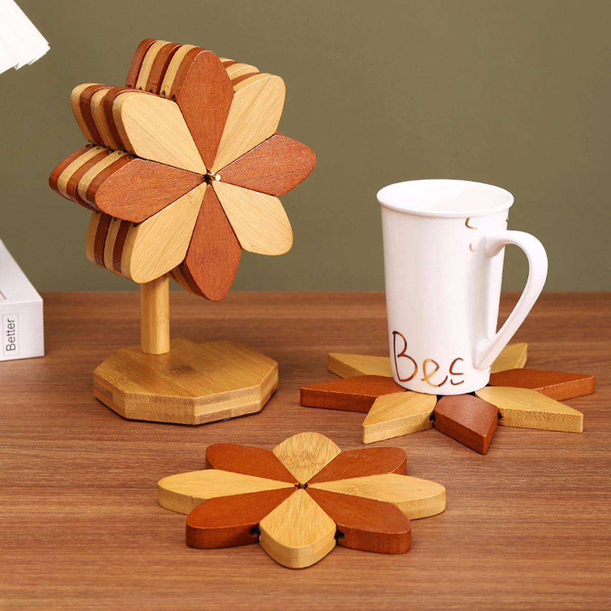 

Windmill Shape Wood Placemats Hot Pots Coaster Creative Tree Design Stand Decorative Anti Scald Heat Resistant Table Mat