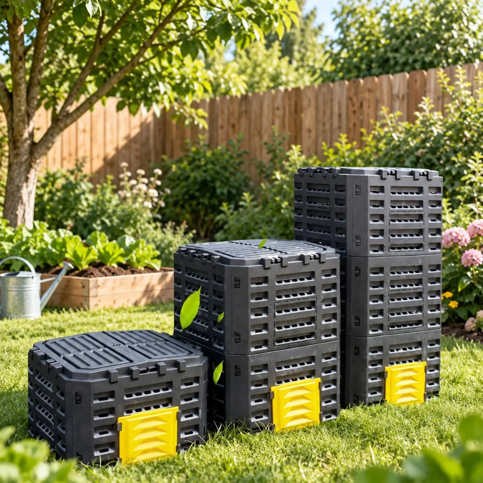 Plastic Garden Compost Bin Stackable Composting Box with Snap Front Access Door for Backyard Organic Waste Recycling