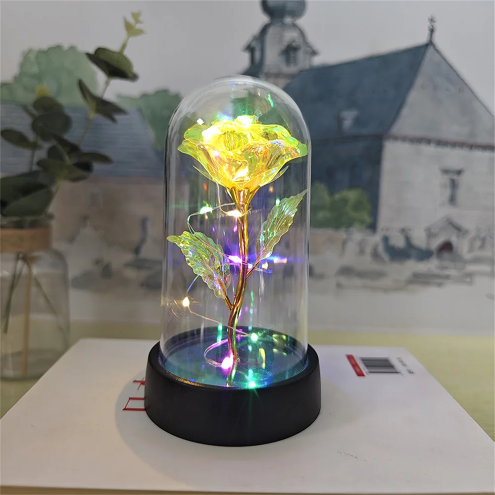 Führte Valentinstag Geschenk für Freundin ewige Rose Licht 24 Karat Goldfolie Blume in Glas abdeckung Muttertag Hochzeit Brautjungfer Geschenk