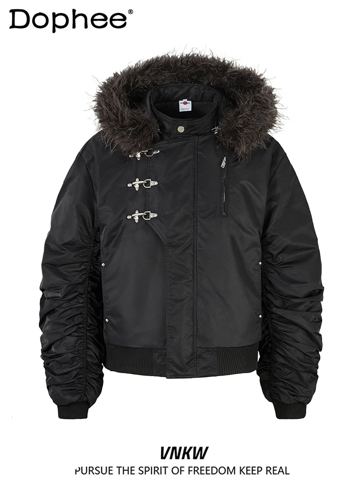 

American Fashion Trend Punk Style Fur Collar Hooded Cotton Jacket Winter New Thickened Warm Loose Zipper Coat for Men