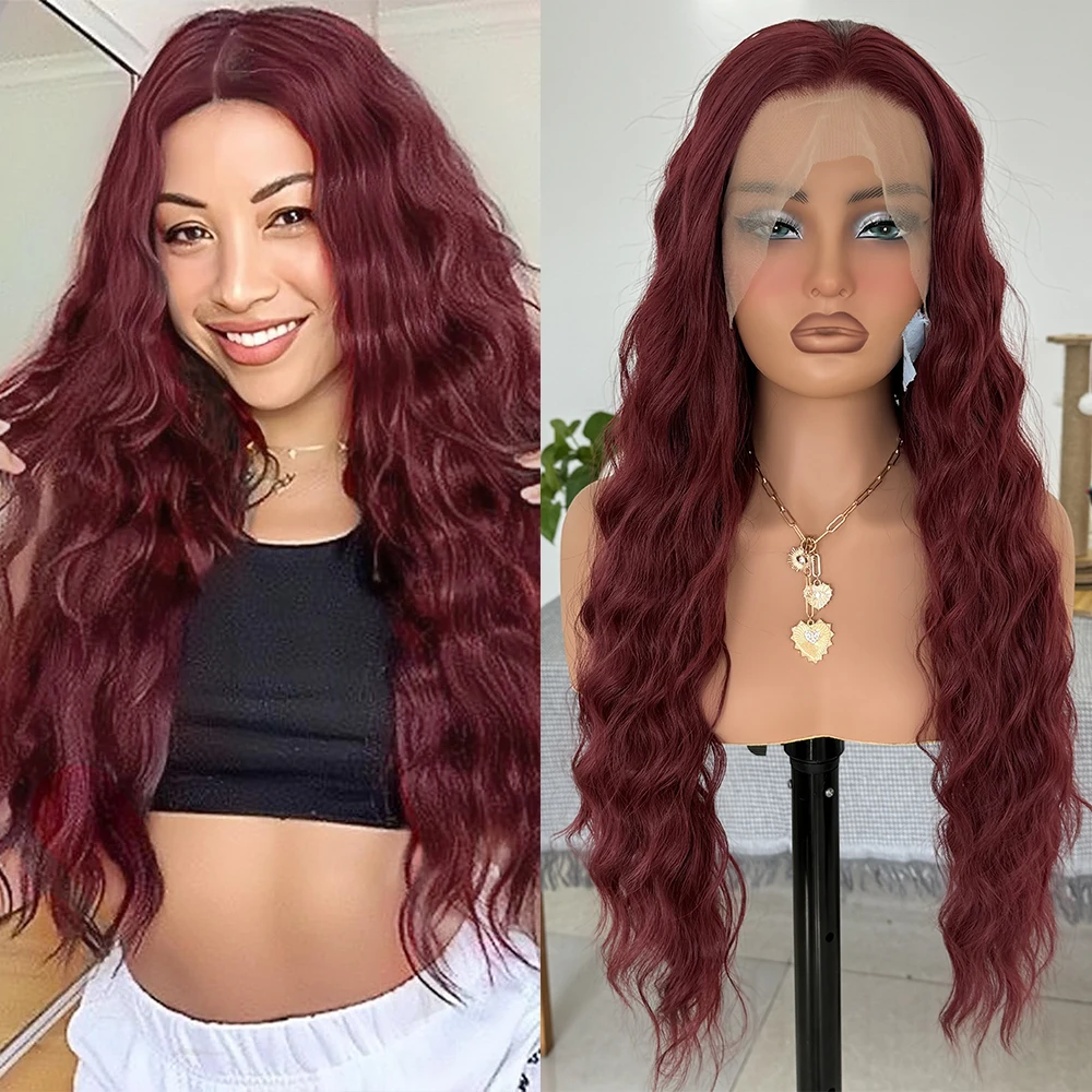 Burgundy Wig Long Natural Wave Synthetic Lace Wig Wine Red Loose Curl Lace Wig Frontal Lace Wigs for Women Ready to Wear Cosplay