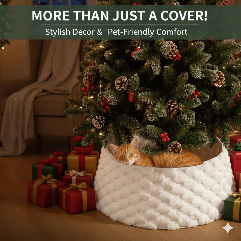 

Elegant White Plush Christmas Tree Skirt With Vertical Lines Soft Knitted Tree Base Mat For Winter Party Home Decor Gift