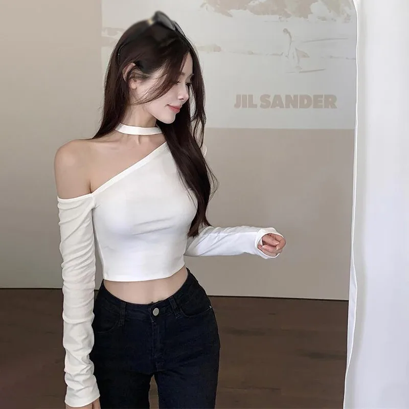 Off Shoulder Crop Top Women\'s Halter Neck T Shirt Long Sleeve Slim Fitting Sexy Top Hot Girl Streetwear Summer Solid Color