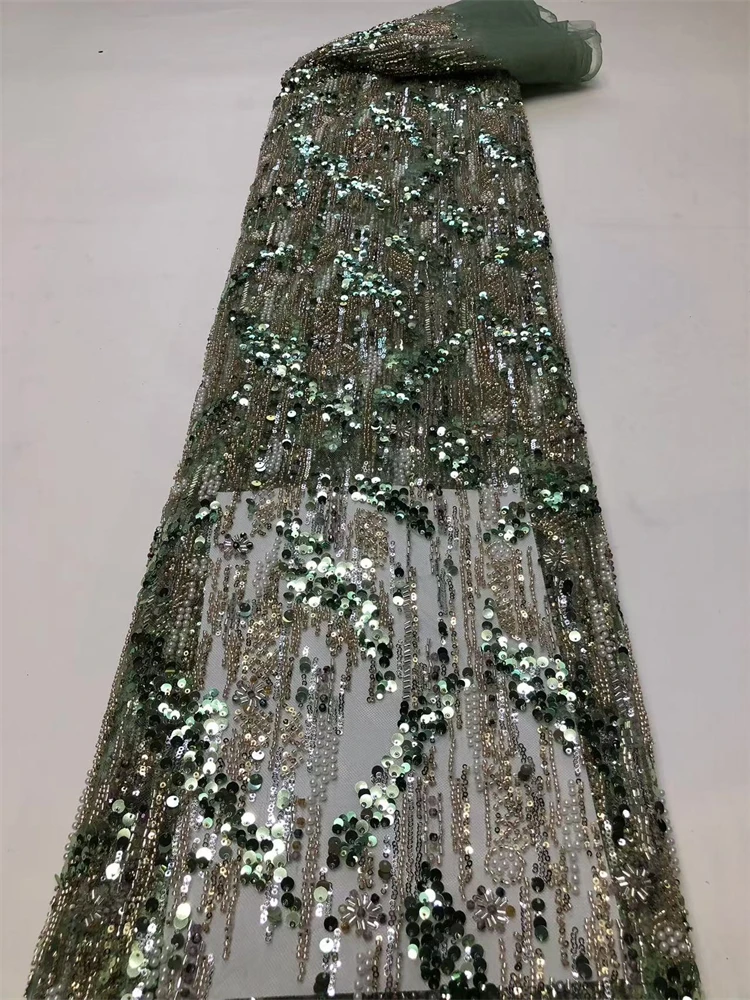 ドレス縫製用のハイエンドのヘビービーズ生地、最新のアフリカの高級品、フレンチスパンコール、新郎刺繍、5ヤード、2025