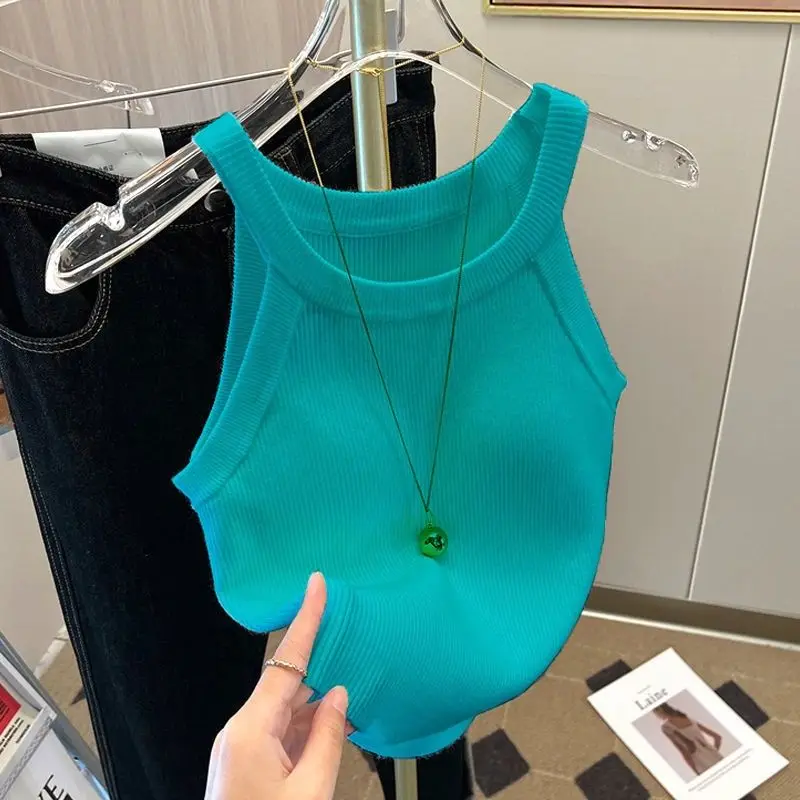 Y2k Knitted U-Neck Suspender Vest Women's Ice Silk Inner Wear Spicy Girl Camis Halter Retro Sleeveless Tank Crop Top image 5