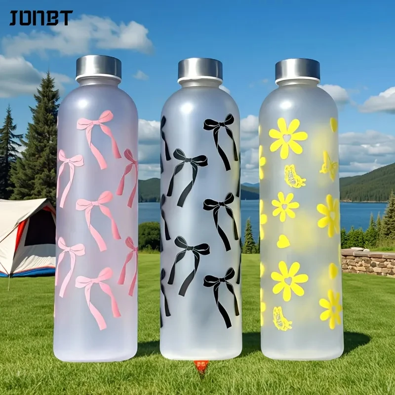 

1000ML Large Capacity Sport Bottle Frosted Bow Flower Pattern Water Cup Leak Proof Reusable Plastic Cups Outdoor Travel Gym Jugs