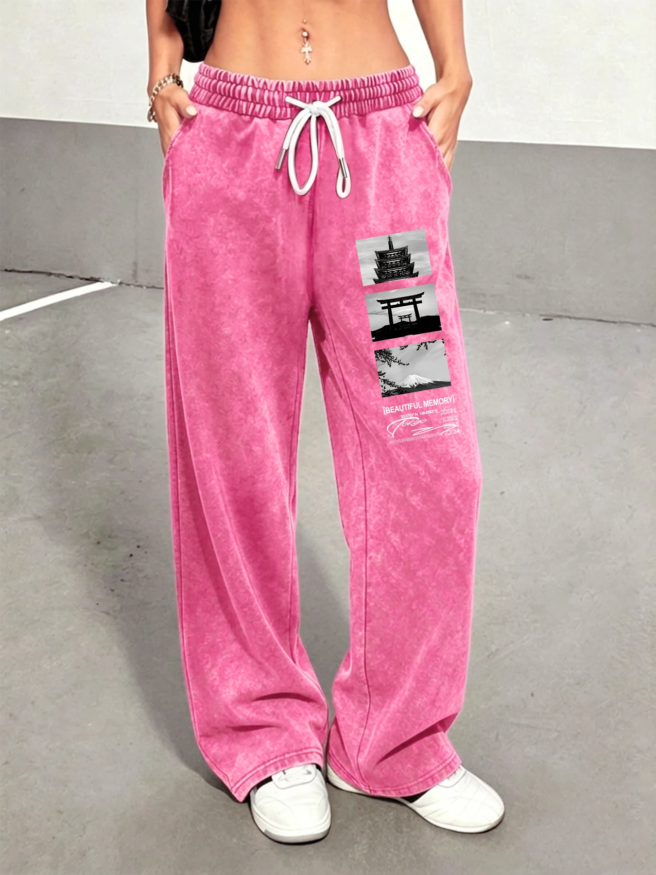 Women's Vintage Washed Distressed Trousers, Stylish Comfortable Versatile Trousers with Japanese Scenery Print