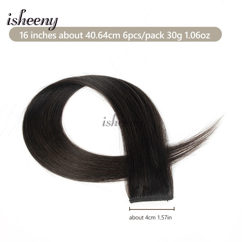 Isheeny 6 قطعة مشبك صغير في وسادة الشعر البشري 1 كليب على آلة لحمة وصلات شعر 12 "-16" 30 جرام/الحزمة مشبك شعر طبيعي مستقيم #2