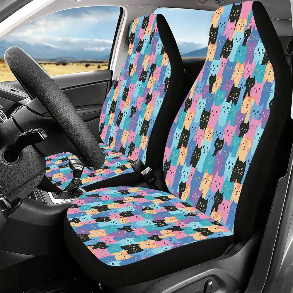 2pcs Colorful Cats Car Seat Covers Suitable For Front Seats, High Back Design, Material, Suitable For Cars SUVs And Trucks, Wome