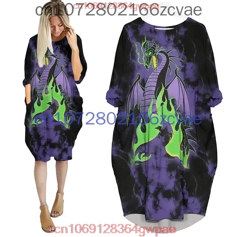 Maleficent Oversize Long Sleeves Pocket Dress Disney Cartoon Batwing Pocket Dress Women\'s Fashion Versatile Loose Party Dress