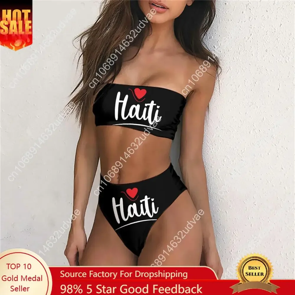 Strapless Biquini Bikini Sets Ladies Swimwear Women Bathing Suits Black Haiti Printed Female Swimsuit Bandeau Maillot De Bain