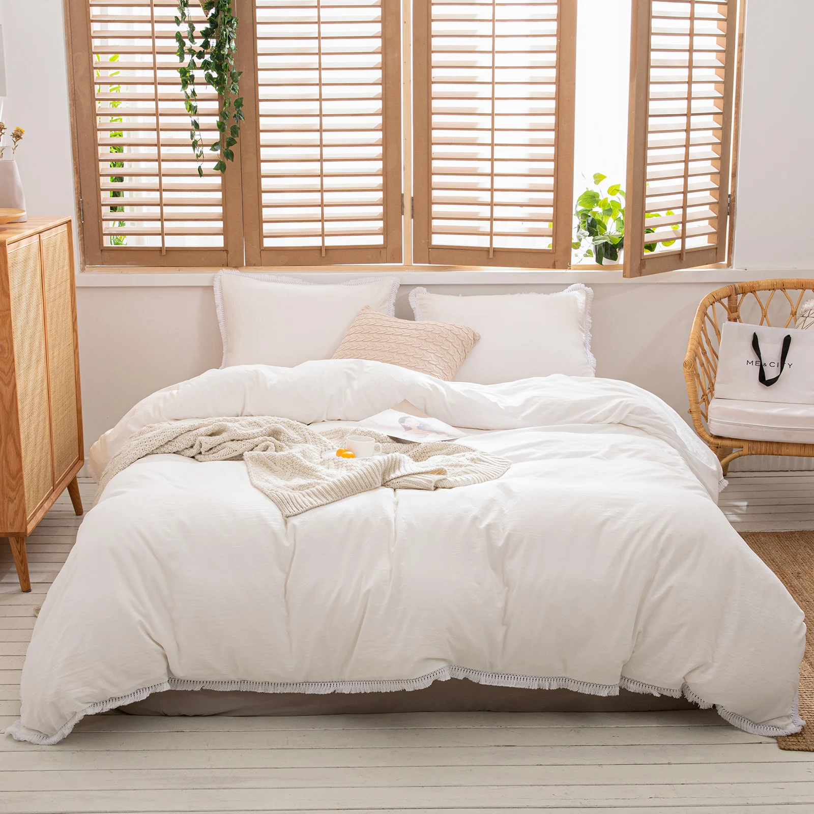 

Green Pink Boho Bedding Set White Tassel Design Bedding Cover Set Vintage Solid Duvet Cover Set for Boys Girls Quilt Cover Set