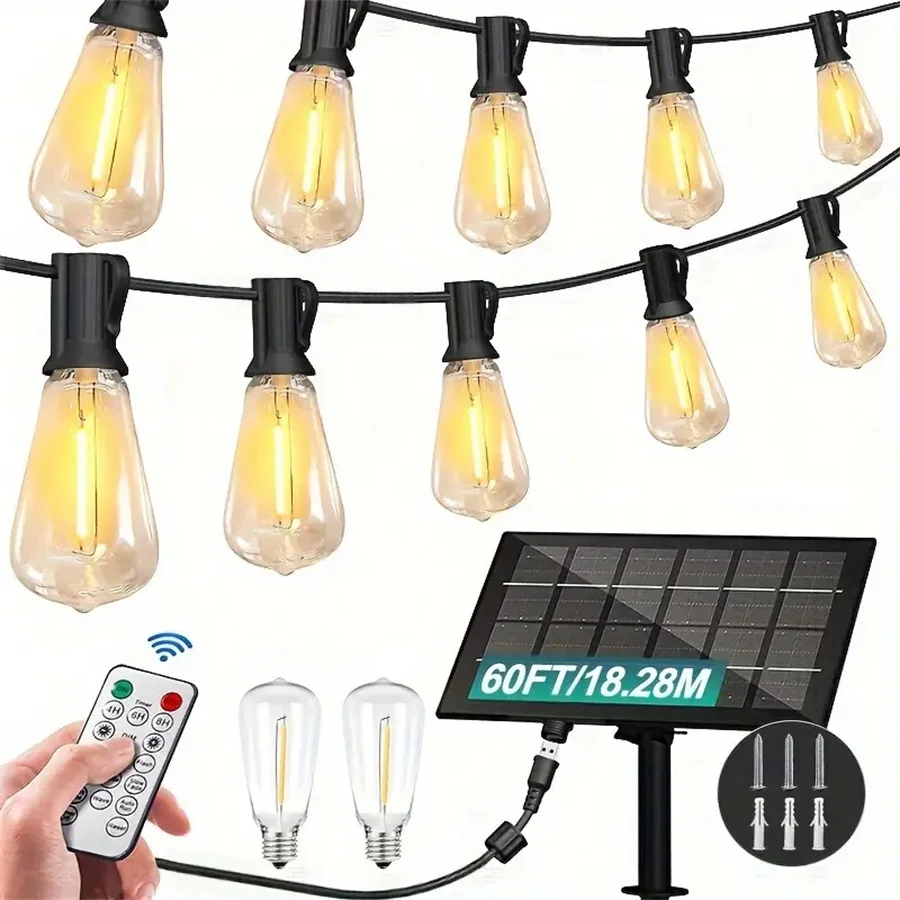 Linear 25/60/100/ ft solar string lights with USB port and remote control, solar garden lights, durable, dimmable, ST38 LED bulb