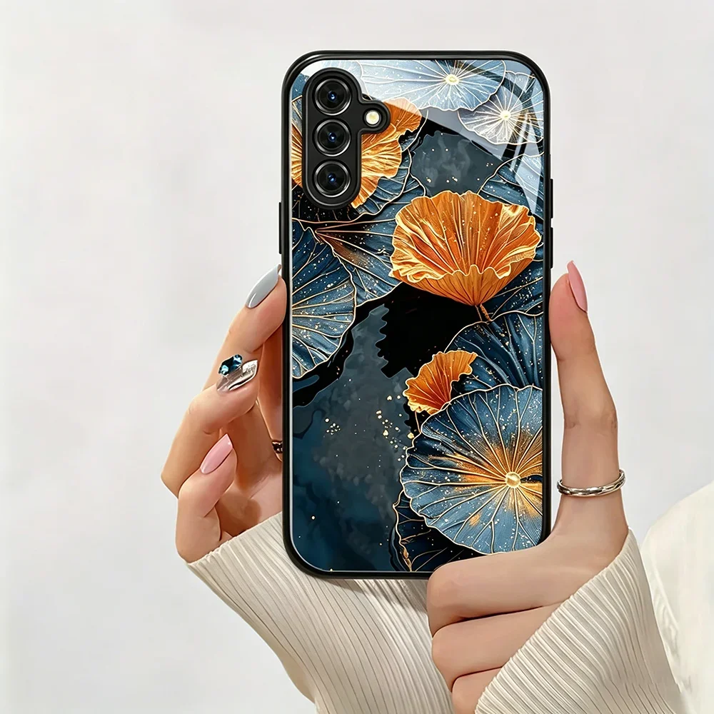 Ginkgo Leaf Tempered Glass Phone Case For Samsung  S26 Ultra S24 S23 Plus A37 A17 A55 A54 A53 A36 A26 Cases A73 A72  Cover