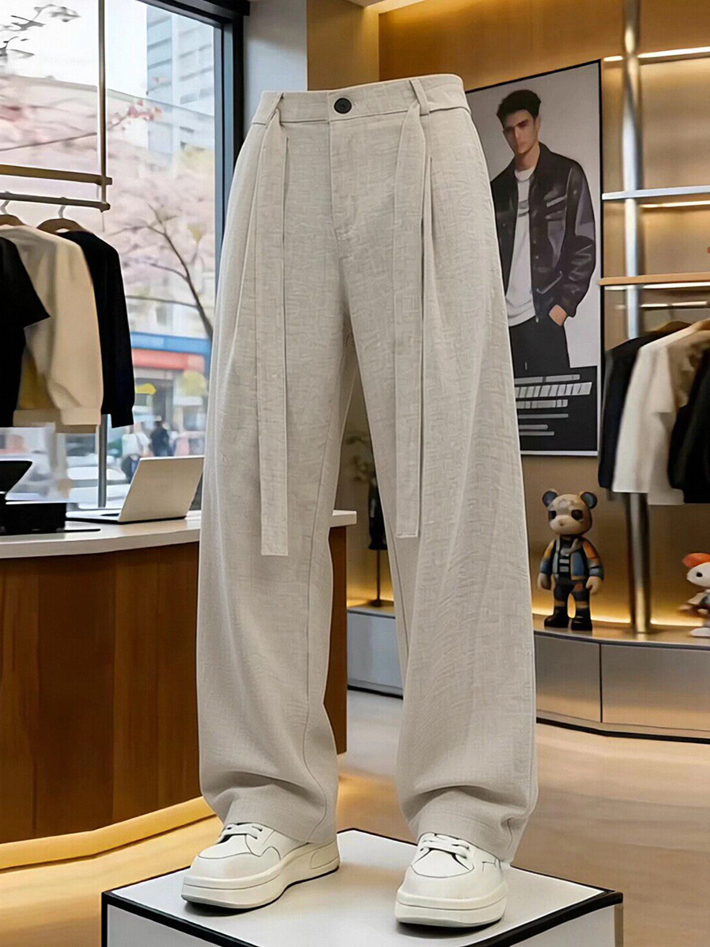 Men's Summer Thin Straight Leg Ice Silk Linen Look Casual Pants Fluffy Design Loose Fit Comfortable Breathable Fashionable