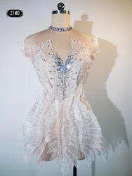 fashion rhinestones dress White Women Sexy mesh transparent  Mini Birthday Dress Nightclub Party Celebrate performance costumes