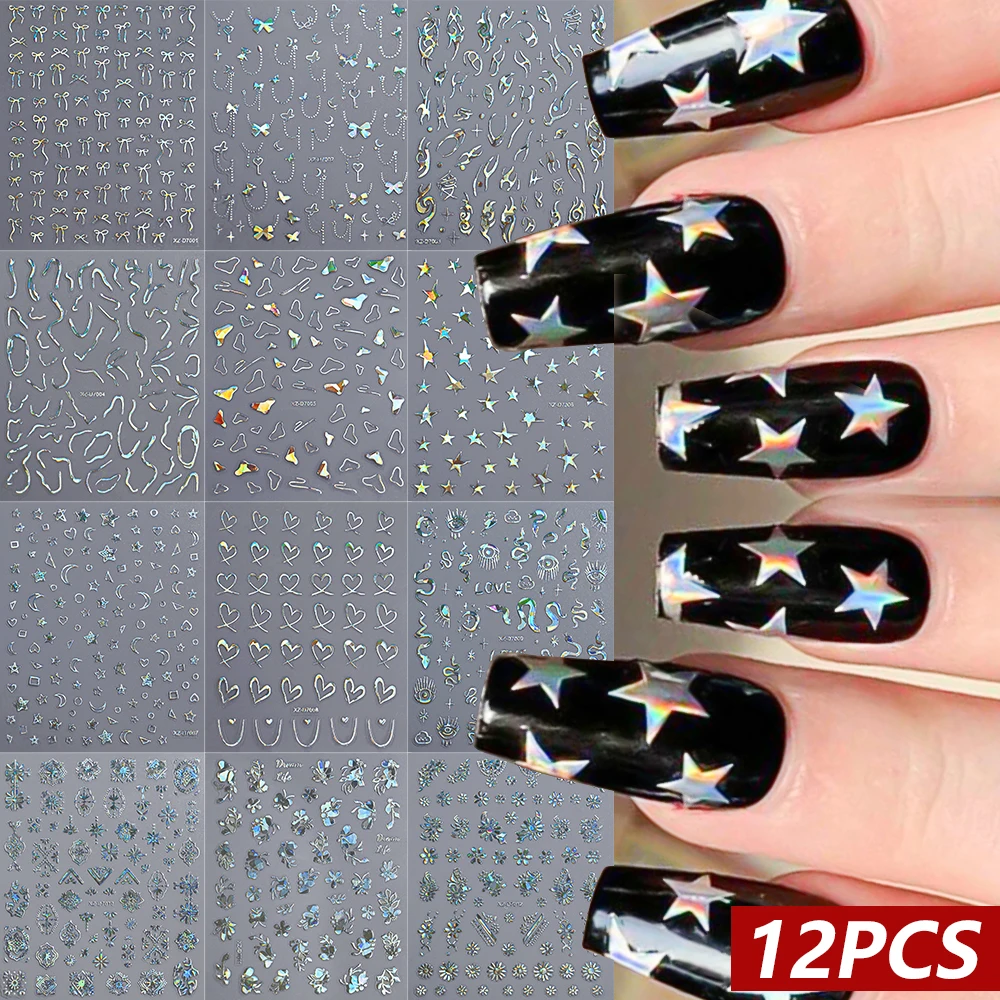 12Pcs 3D Laser Silver Star Heart Geometry Lines Nail Stickers Pentagram,Moon,Snake,Flower Slider Self-adhesive Manicure Decals&