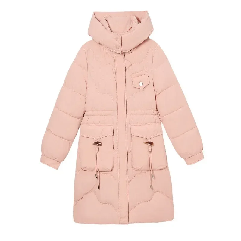 Cotton jacket long style over the knee fashionable thick cotton clothing solid color hooded temperament cotton jacket for women