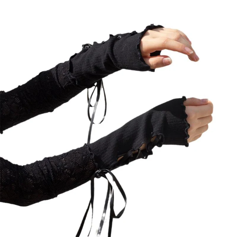 Lace Fingerless Arm Sleeves, Elastic Mesh Lace Up Gloves, Punk Style Sunscreen Clothing Accessories