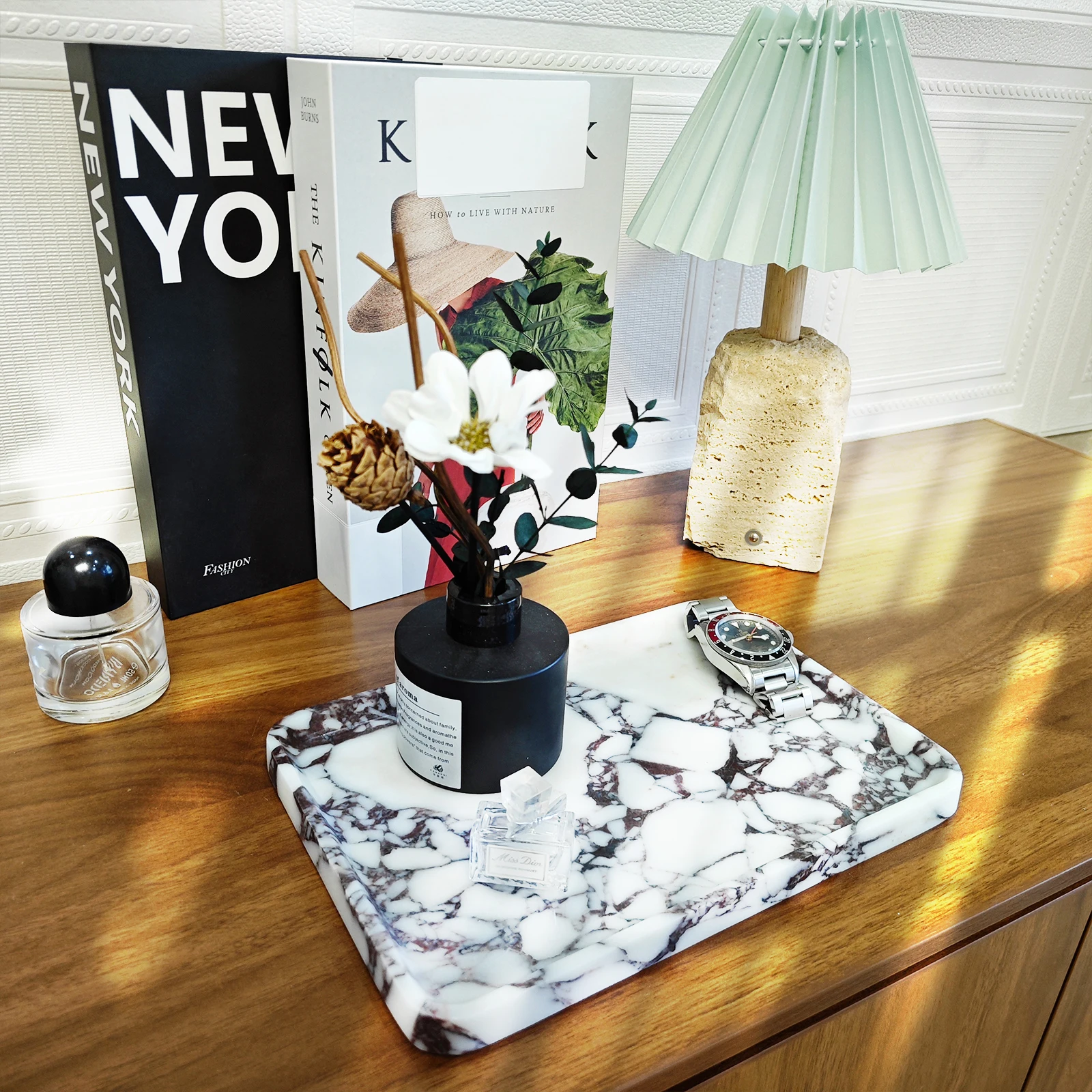 صينية رخامية، صواني حجرية طبيعية 100% للزينة، الحمام، المطبخ، العطور، مستحضرات التجميل، القهوة، طبق المجوهرات المستطيل