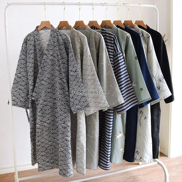 

2025 чистый хлопок с принтом, свободный халат, японское мужское кимоно, халат, весна и лето, пижама с перекрестным воротником, халат на шнуровке юката