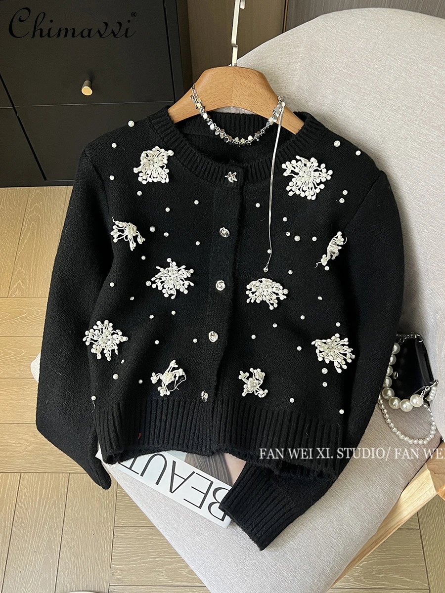 Fashion Gray Sweater Coat Women's Autumn and Winter New Heavy Diamond Bead Three-dimensional Flower Knitted Cardigan Top