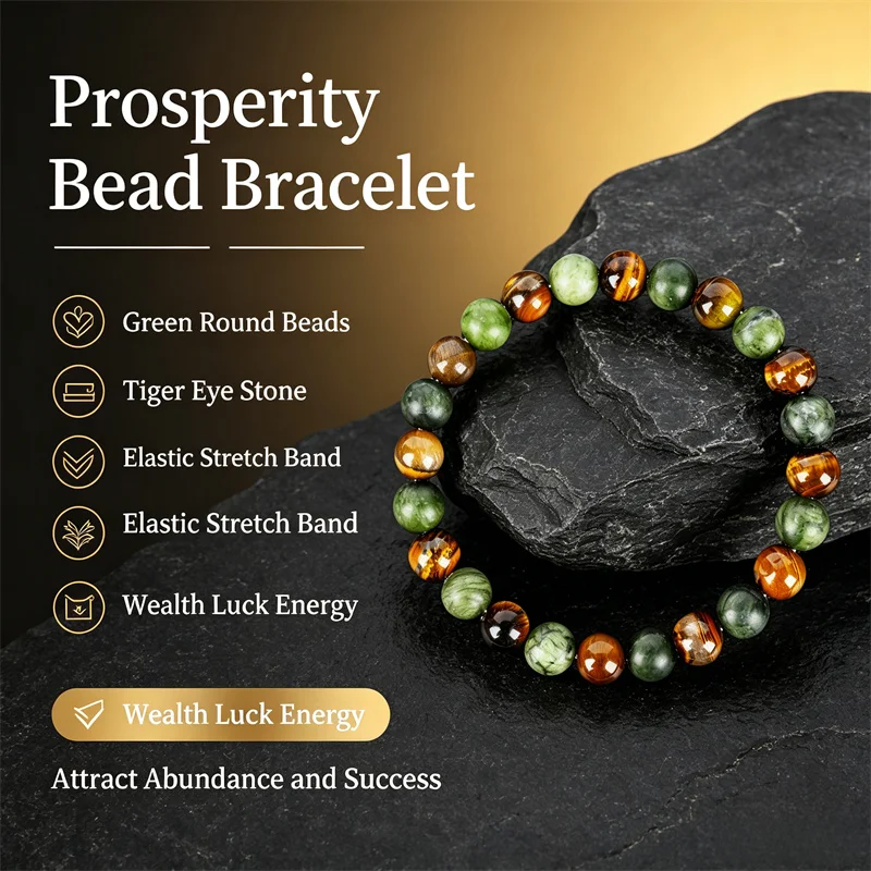 OUYADI 10PCS Green Tiger Eye Beaded Bracelet Unisex Elastic Round Bead Wealth‑Prosperity Lucky Prayer Wrist Jewelry Gift
